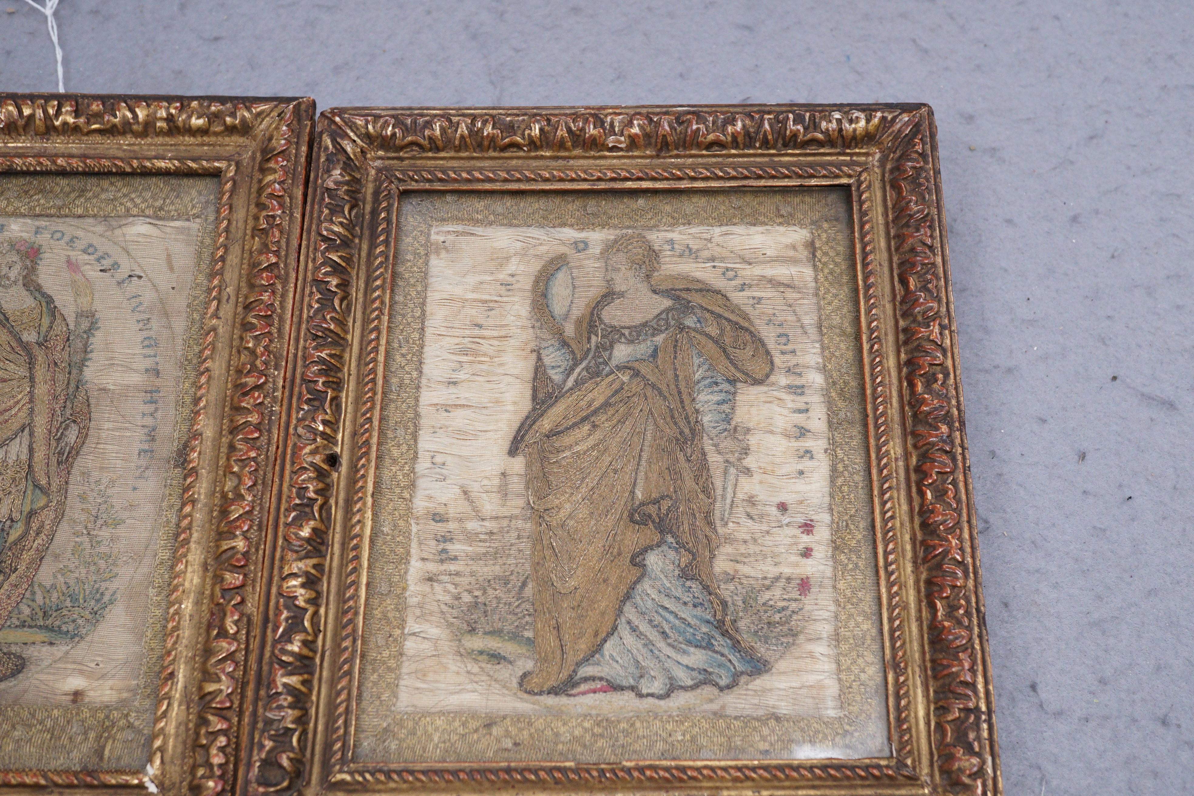 A pair of 18th century Italian embroideries in gilt frames, 24 x 19cm